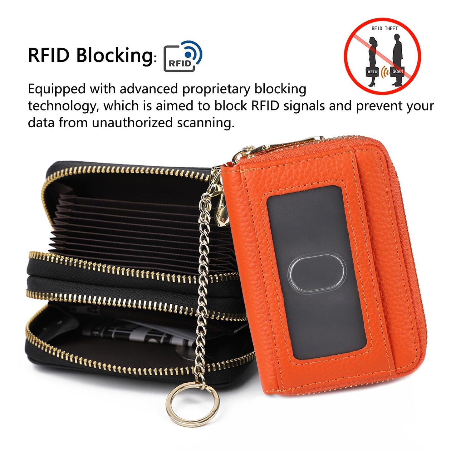imeetu RFID Credit Card Wallet, Genuine Leather Zipper Card Case Holder with Removable Keychain(Max - Orange)