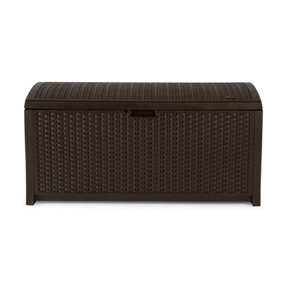 Suncast 73-Gallon Medium Deck Box - Lightweight Resin Indoor/Outdoor Storage Container and Seat for Patio Cushions and Gardening Tools - Store Items on Garage, Yard - Mocha Brown