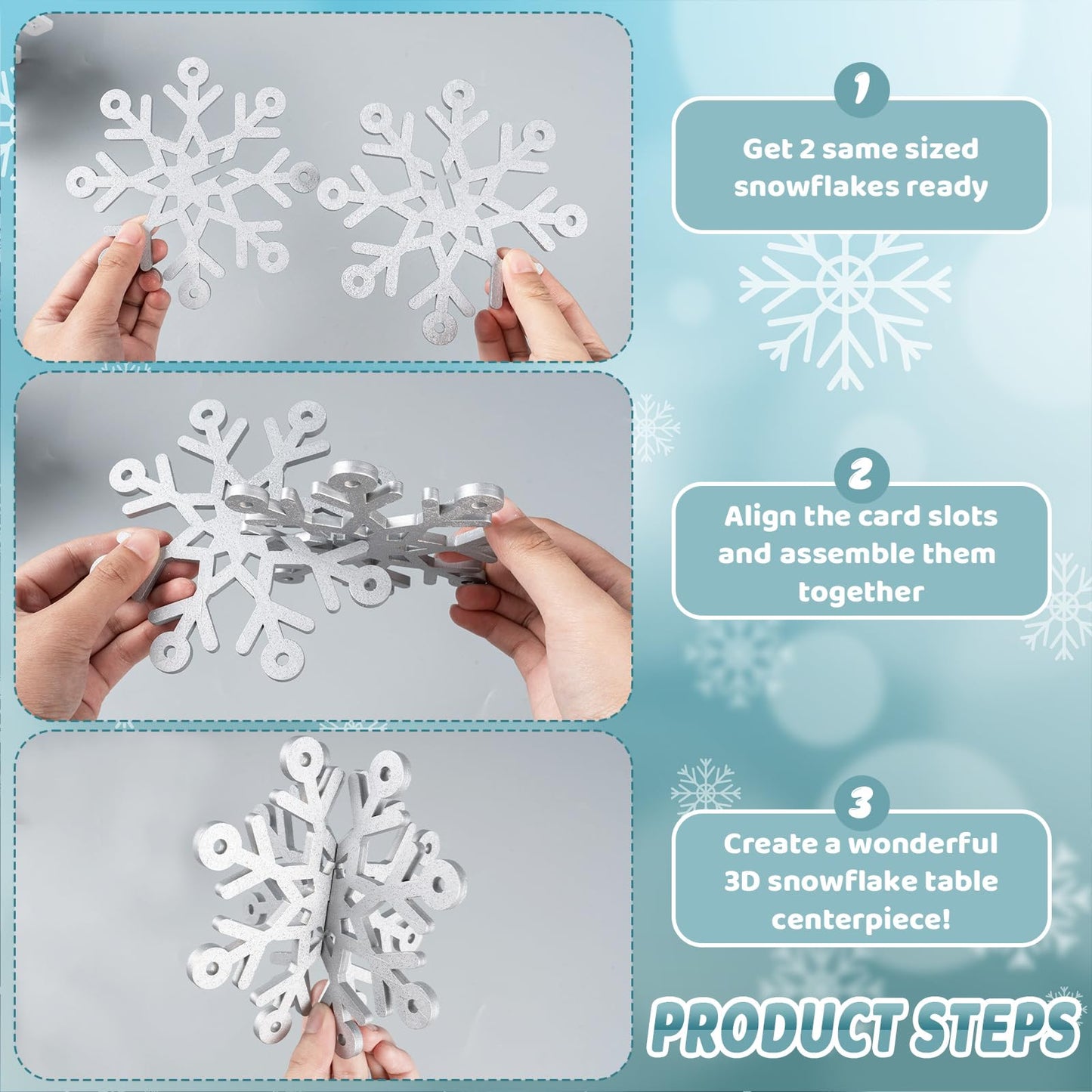 OuMuaMua 12 Set Winter Christmas Centerpiece Table Decorations - 24pcs Wooden Snowflakes Decor 3D Silver White Snowflake Tabletop Decor for Xmas Holiday Tiered Tray Winter Farmhouse Home Decor