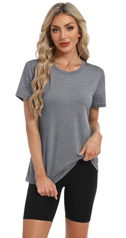 NIASHOT Summer Tops for Women 2025 Short Sleeve Workout Clothes Athletic Shirts Pilates Outfits Camisetas Deportivas para Grey L