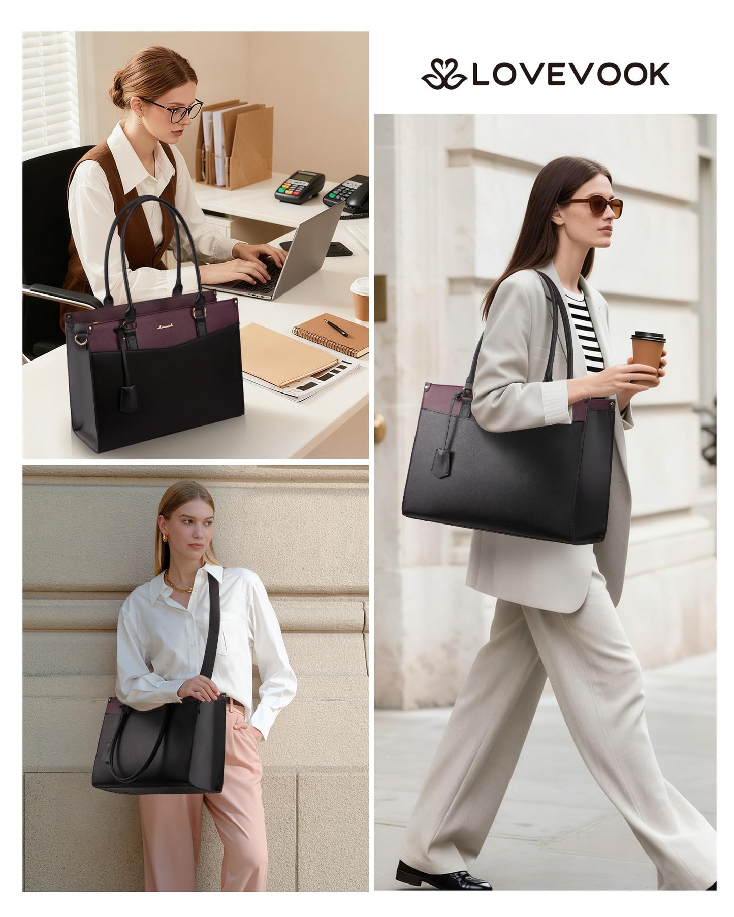 LOVEVOOK 17.3 inch Laptop Bag for Women, 2-in-1 Multi-Pocket Leather Tote Purse with Elegant Clutch & Cup Holder, Waterproof Structured Large Capacity Work Briefcase for Office Travel, Wine Red-Black