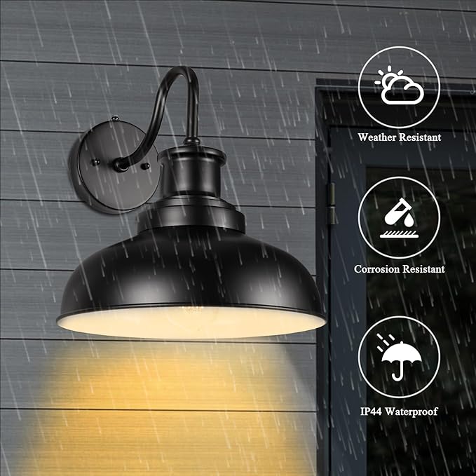 Dusk to Dawn Outdoor Gooseneck Barn Lights, Outdoor Wall Sconces Farmhouse Exterior Wall Mount Light, Vintage Outside Lighting Fixtures, Industrial Black Lanterns for Porch Garage Patio, 2 Pack