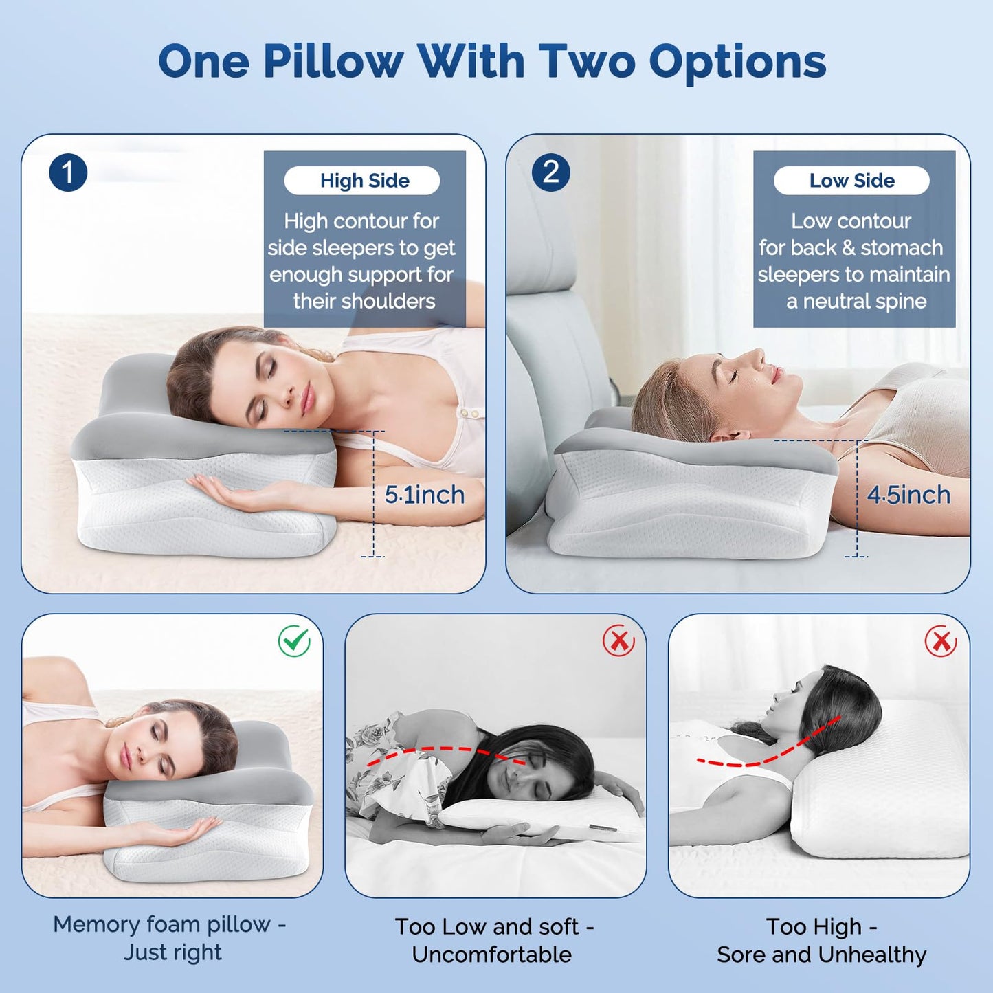 Cervical Neck Pillow, Ergonomic Side Sleeper Pillow for Neck Support, Cooling Memory Foam Pillows for Sleeping, Contour Orthopedic Bed Pillows for Side Back Stomach Sleepers with Removable Pillowcase