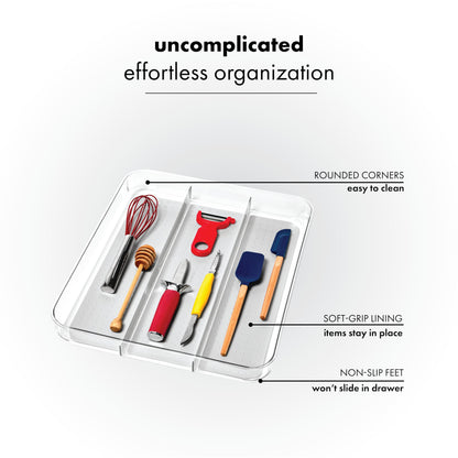 madesmart Classic Large Utensil Tray, Soft Grip, Non-Slip Kitchen Drawer Organizer, 3 Compartments, Multi-Purpose Home Organization, BPA Free, White