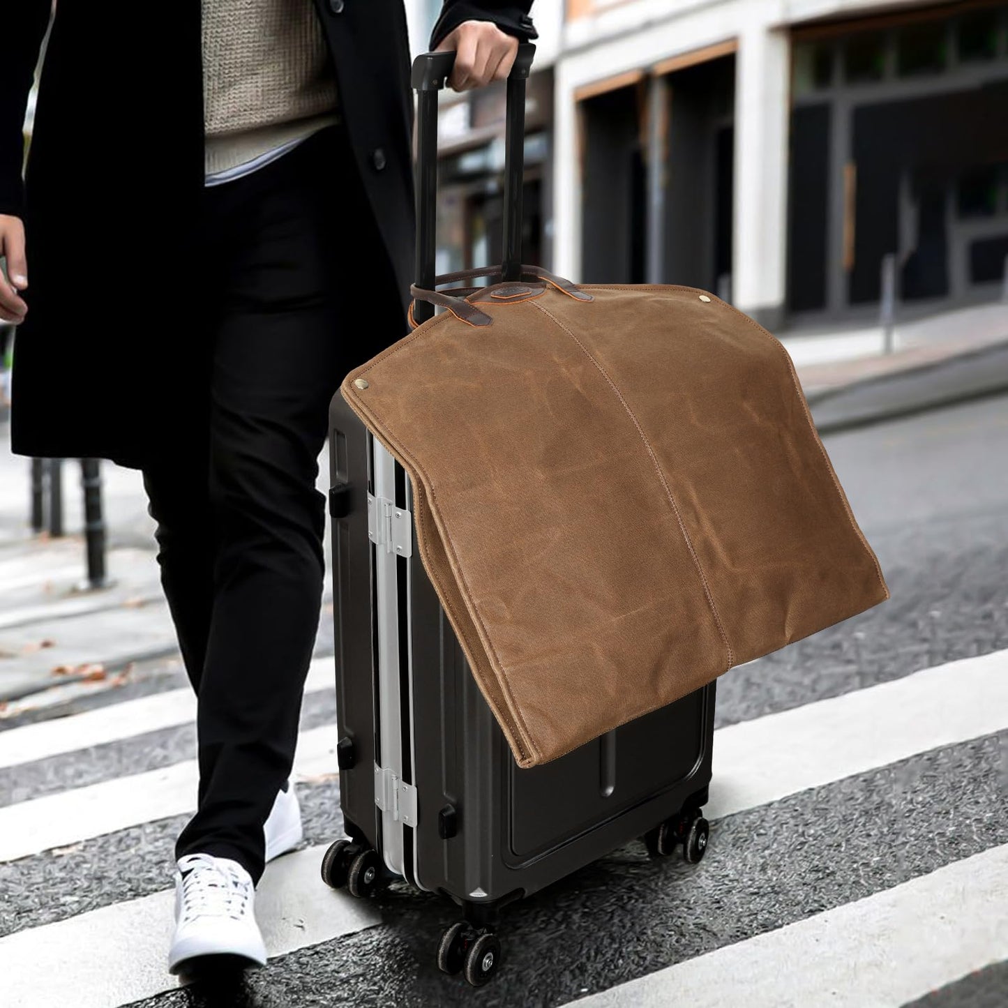 Polare 43” Waxed Canvas Full Grain Leather Trim Garment Bag for Travel, Large Carry on Business Suitcase Cover with YKK Zipper, Waterproof Hanging Suit Garment Cover with Handles,1 pack(Brown)