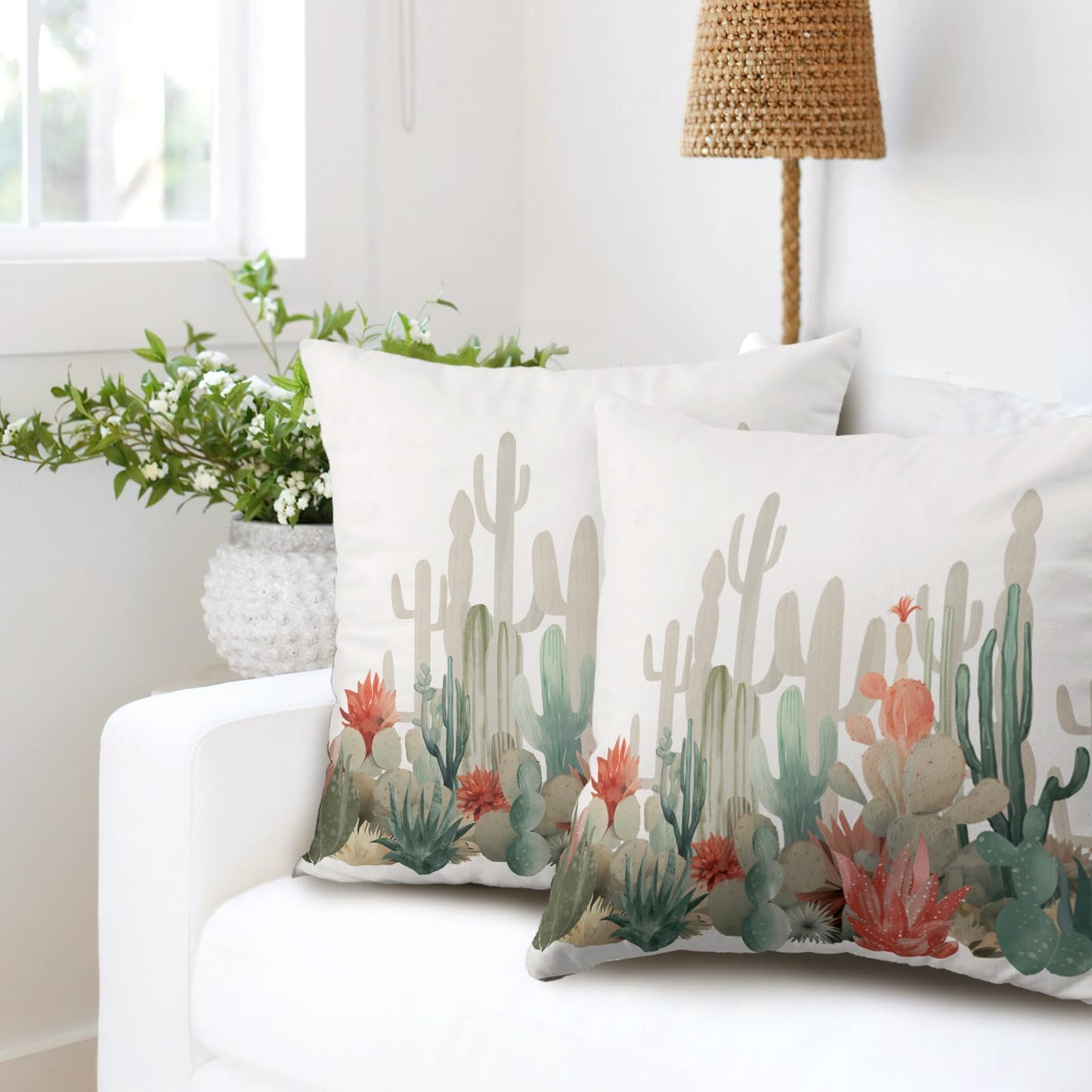 Wnoesat Cactus Throw Pillow Covers Tropical Plants Cactus Decorative Pillow Cases 18x18 Set of 2 Desert Green Succulent Prickly Pear Pillowcase Summer Outdoor Cushion Cover for Home Couch Sofa