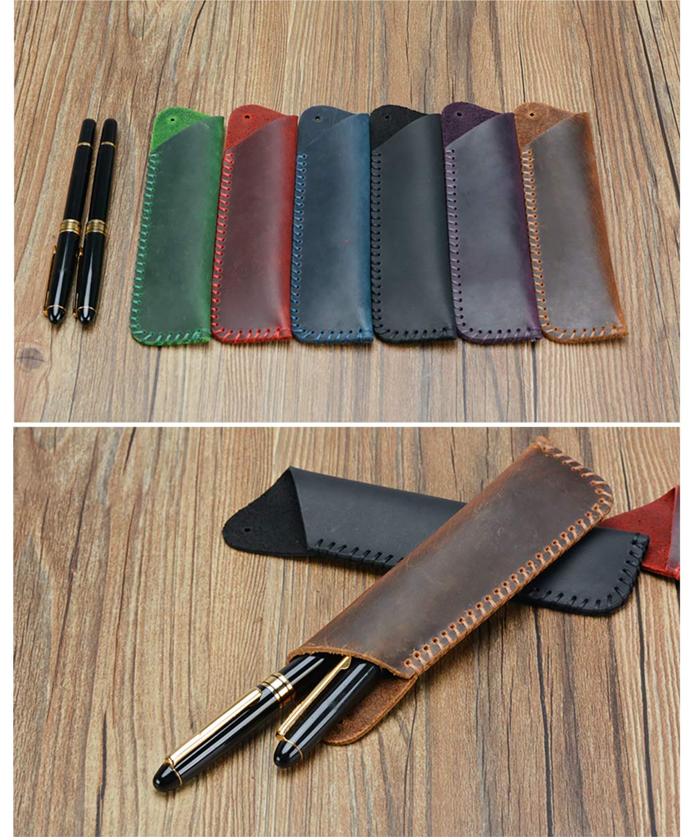 aolaso Handmade Leather Double Pen Case Crazy Horse Leather Fountain Pen Pouch Protective Sleeve Cover- Gift for Christmas