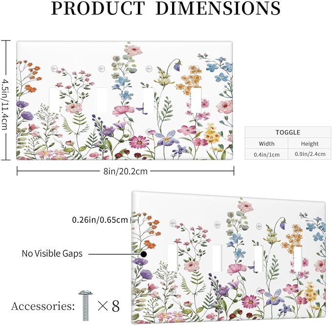 Rustic Wild Floral Vintage Watercolor Flower Quad Gang Toggle Light Switch Cover 4-Gang Wall Plates Decorative Electrical Switchplate for Home Bedroom Art Decorate