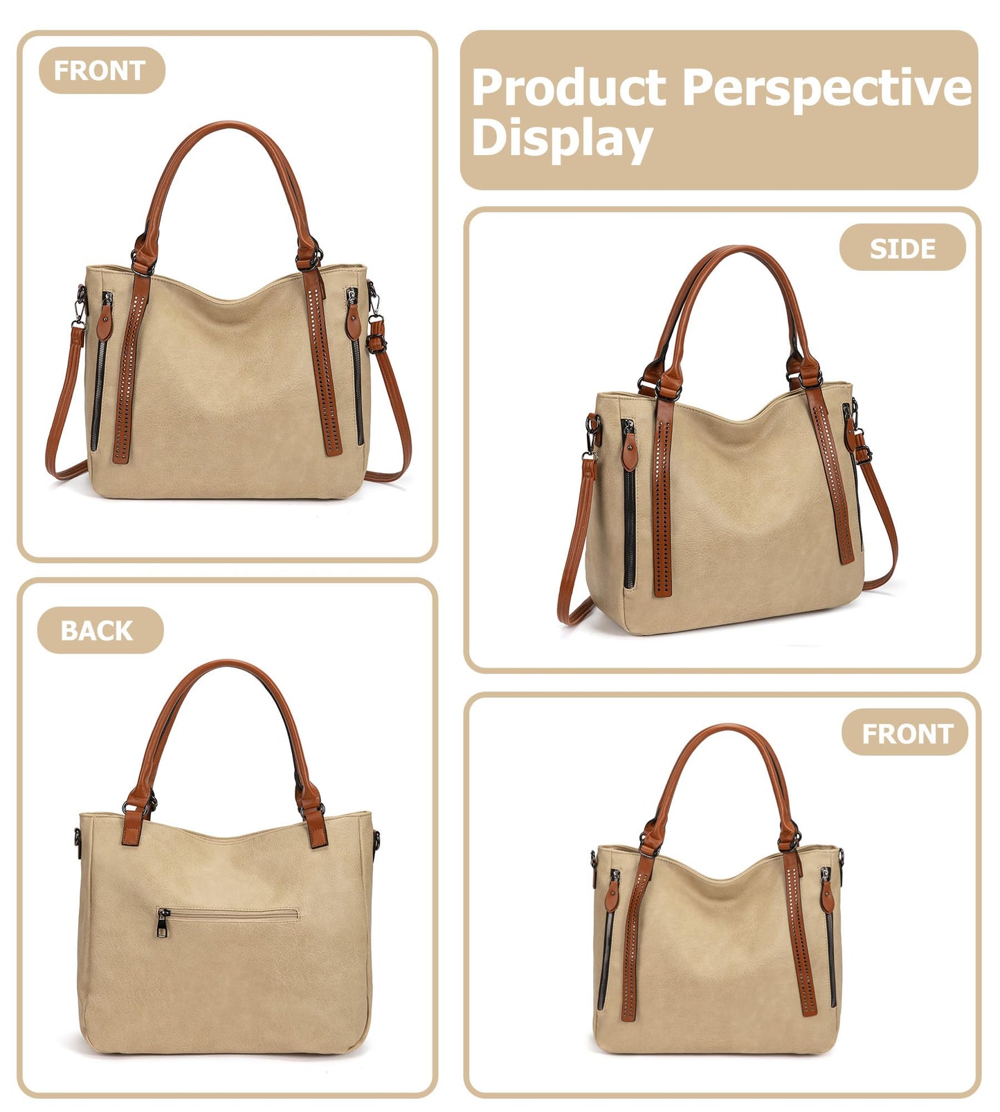 myfriday Vintage Slouchy Tote Bag for Women, Large Vegan Leather Hobo Shoulder Bag Satchel Purse with Adjustable Strap (Apricot)