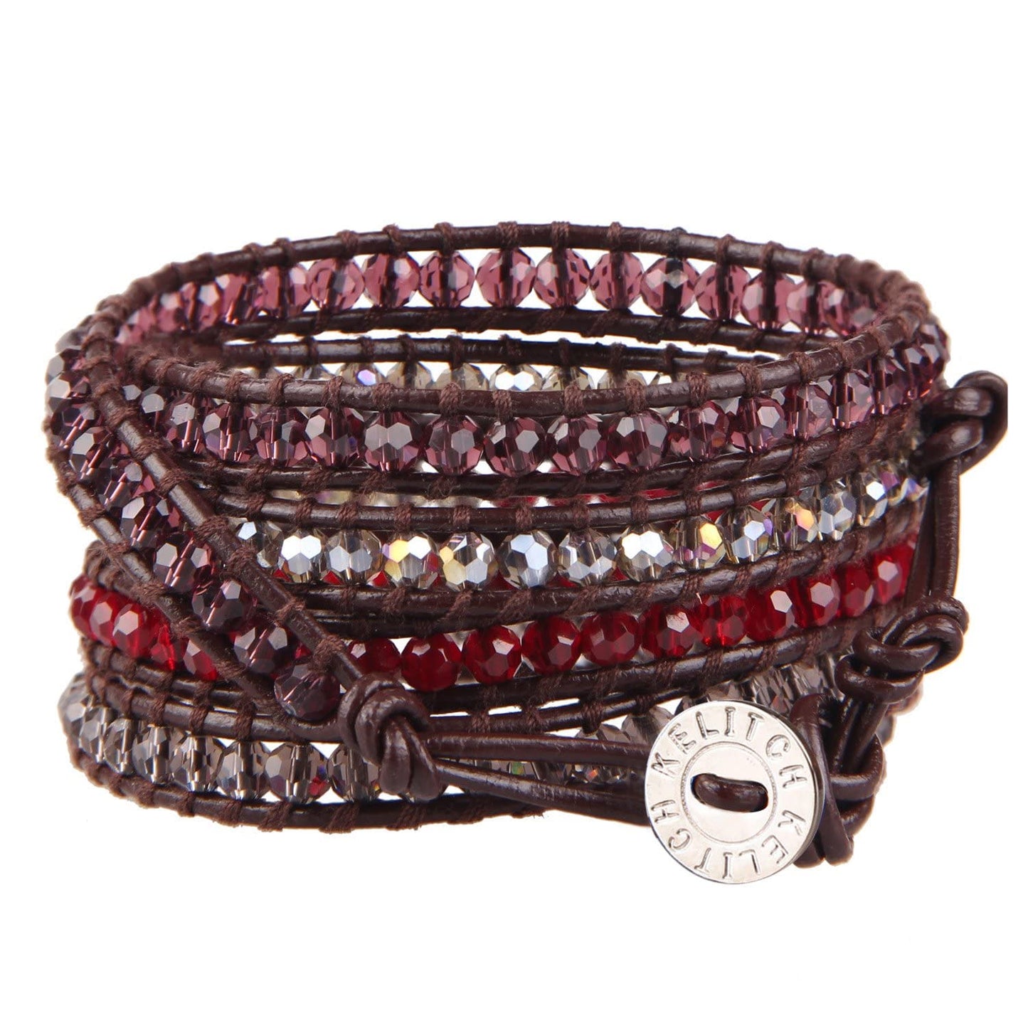 KELITCH Fashion Color Crystal Mix Beaded 5 Wrap Bracelet On Natural Leather Handmade New Women Jewelry (Red Crystal)