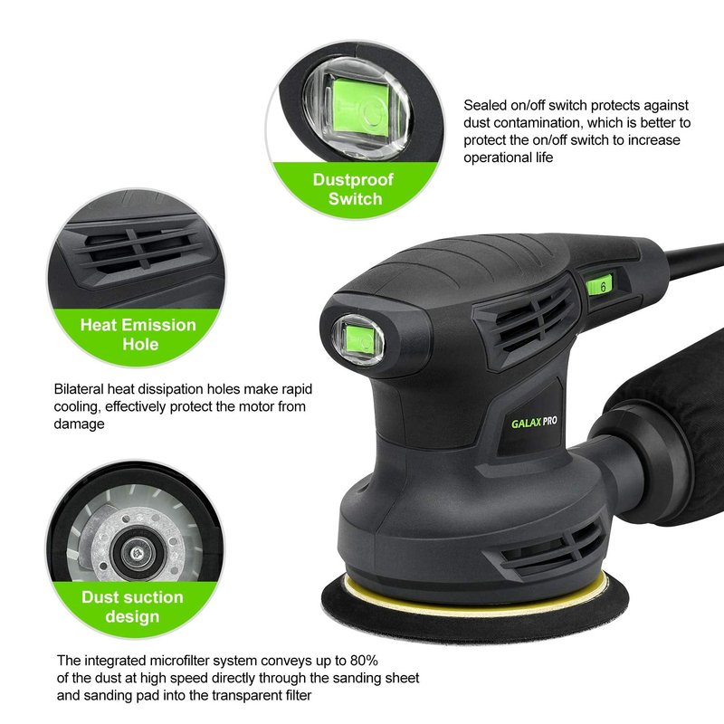 GALAX PRO 280W 13000OPM Max 6 Variable Speeds Orbital Sander with 15Pcs Sanding Discs, 5” electric Sander with Dust Collector for Sanding and Polishing