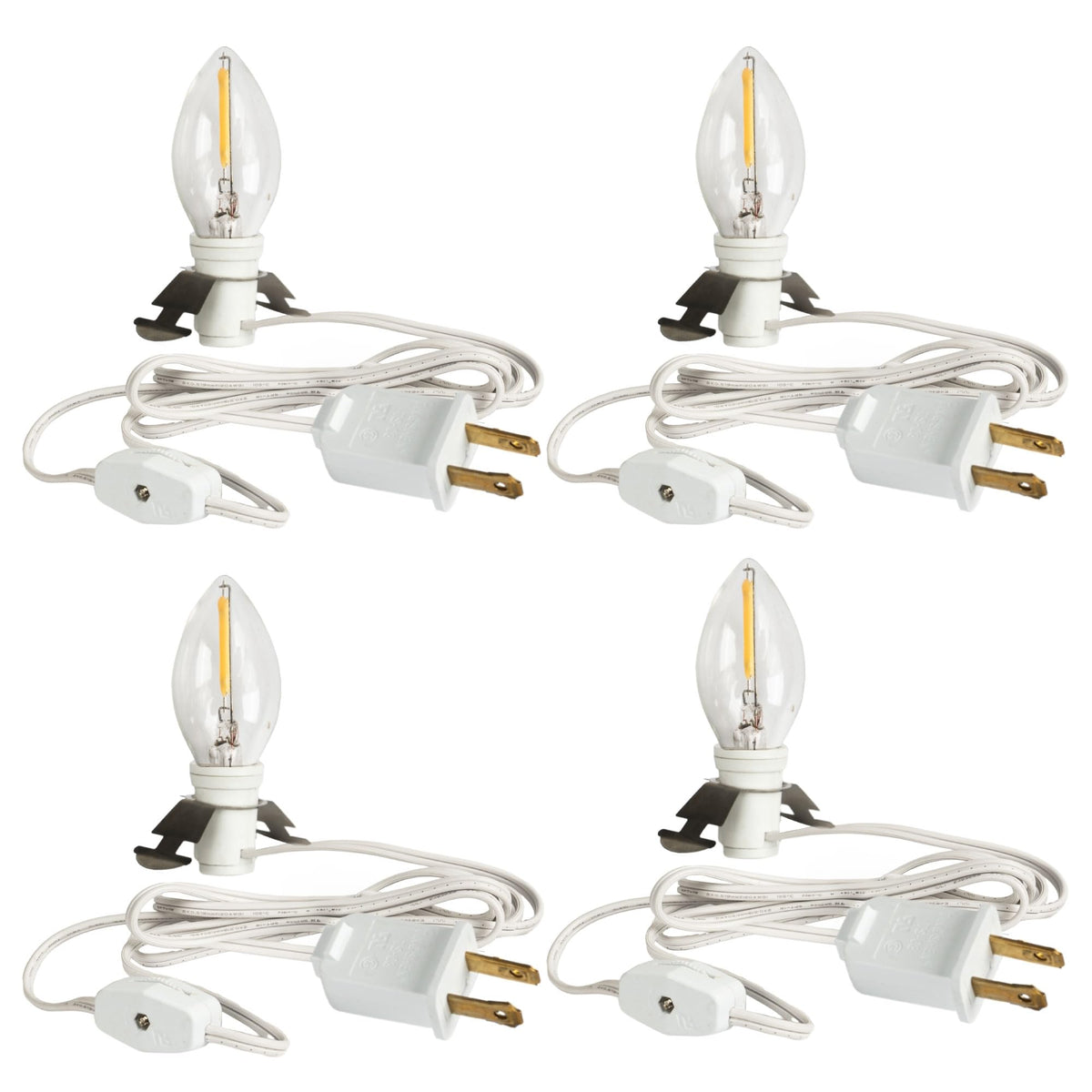 Dazzle Bright 4 Pack 6 FT Accessory Cord with LED Light Bulb E12 Socket White Cord with On/Off Switch Plug, C7 Candelabra Light Bulbs for Holiday Decorations, Christmas Village House, Pumpkin Lights