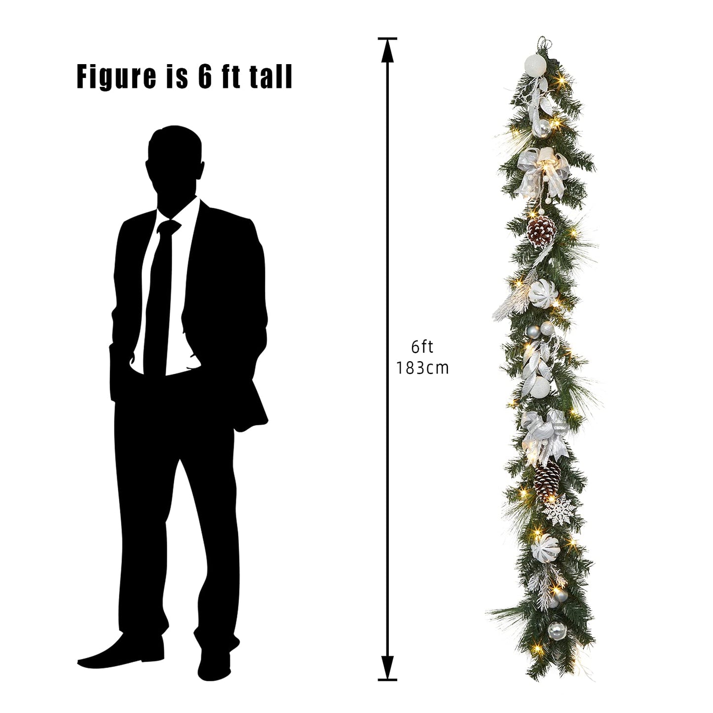 Adeeing Christmas Garland with Lights, 6 ft Pre-lit Silver White Christmas Garland with Ball Ornaments Pine Cones Berries Battery Operated Lights for Indoor Outdoor Fireplace Staircase Decoration