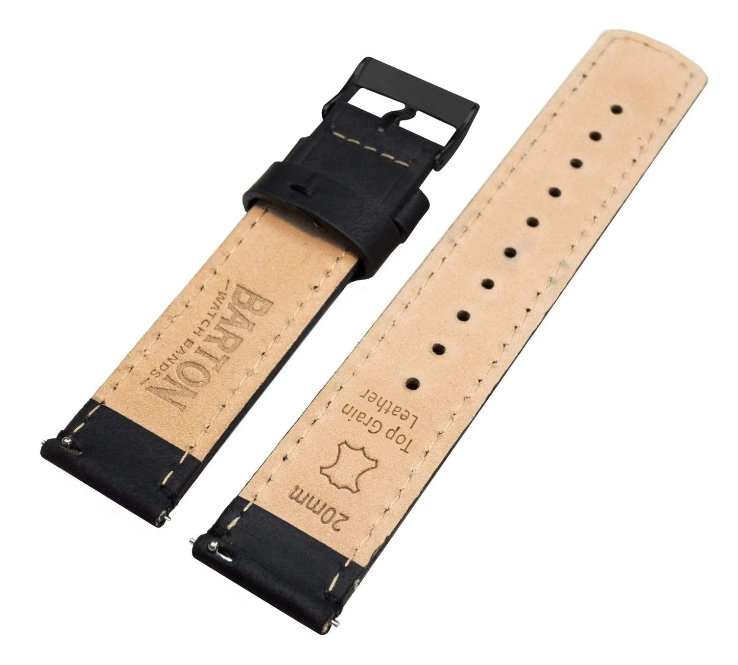 BARTON WATCH BANDS Quick Release Top Grain Leather Watch Band Strap, Black Leather/Black Stitching (Black Buckle), 22mm