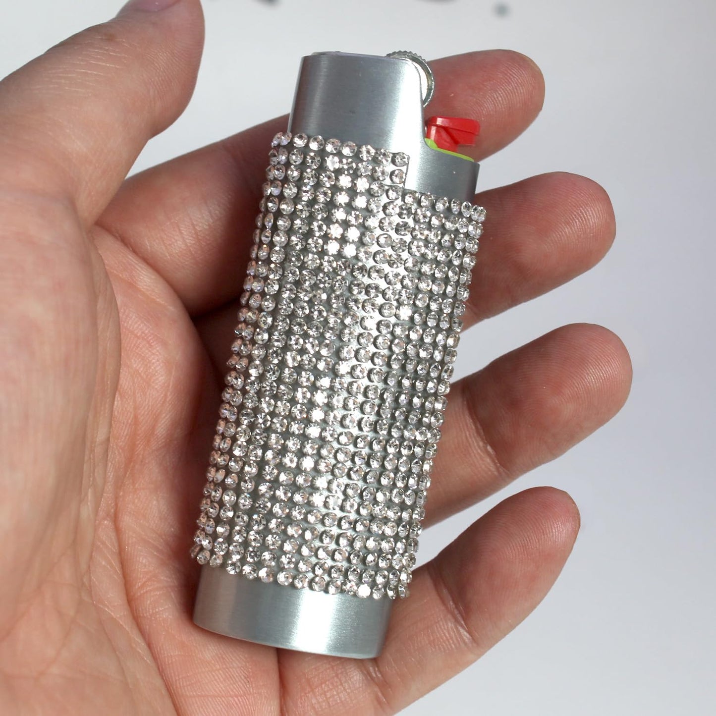 HUMWE Bling Rhinestone Crystal Lighter Case Cover Sleeve Metal Shiny Lighters Holder for Bic Standard Size Lighter J6 (Silver)