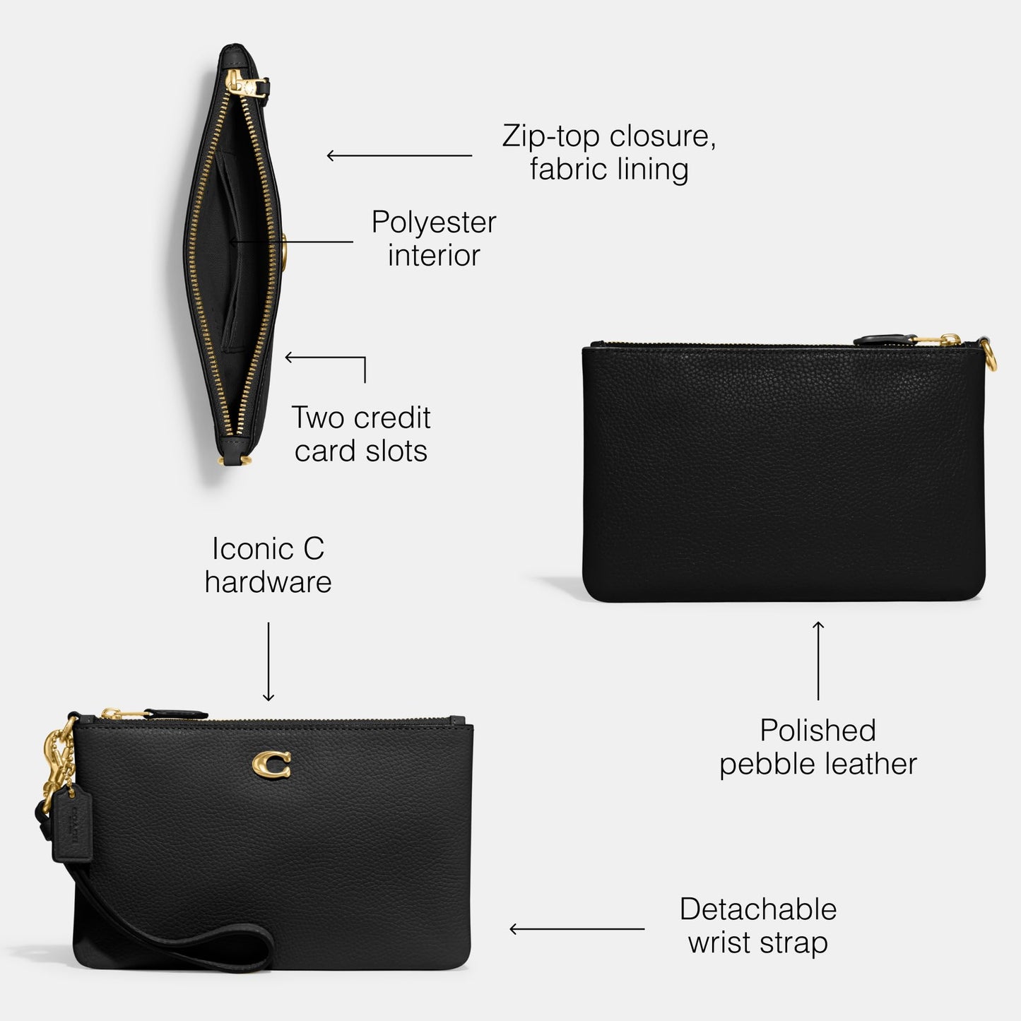 COACH Polished Pebble Small Wristlet Black One Size