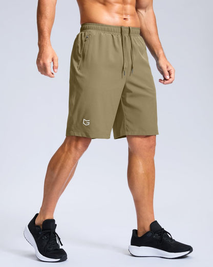 G Gradual Men's Athletic Running Shorts with Zipper Pockets Quick Dry 7"/ 5"/ 9" Workout Gym Shorts for Basketball Hiking(Dusty Khaki,9XL)