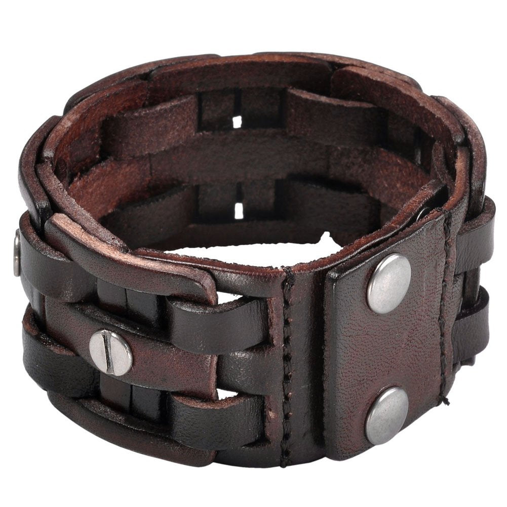 Zysta Punk Gothic Mens Genuine Leather Braided Bracelet Wristband Cuff Bangle 8.5-9" Brown