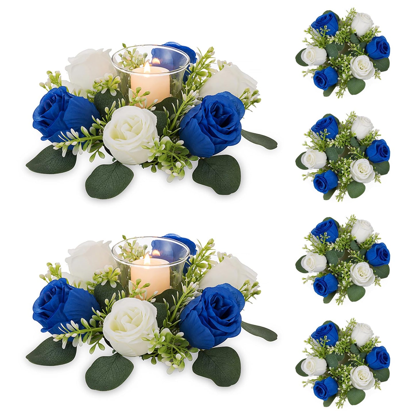 NUPTIO Small Wreath for Table Centerpieces: 9.05 Inch Royal Blue & White Flower Candle Rings for Wedding Party Christmas - Rose Wreaths for Spring Summer Front Door Porch Decor 6 Pcs