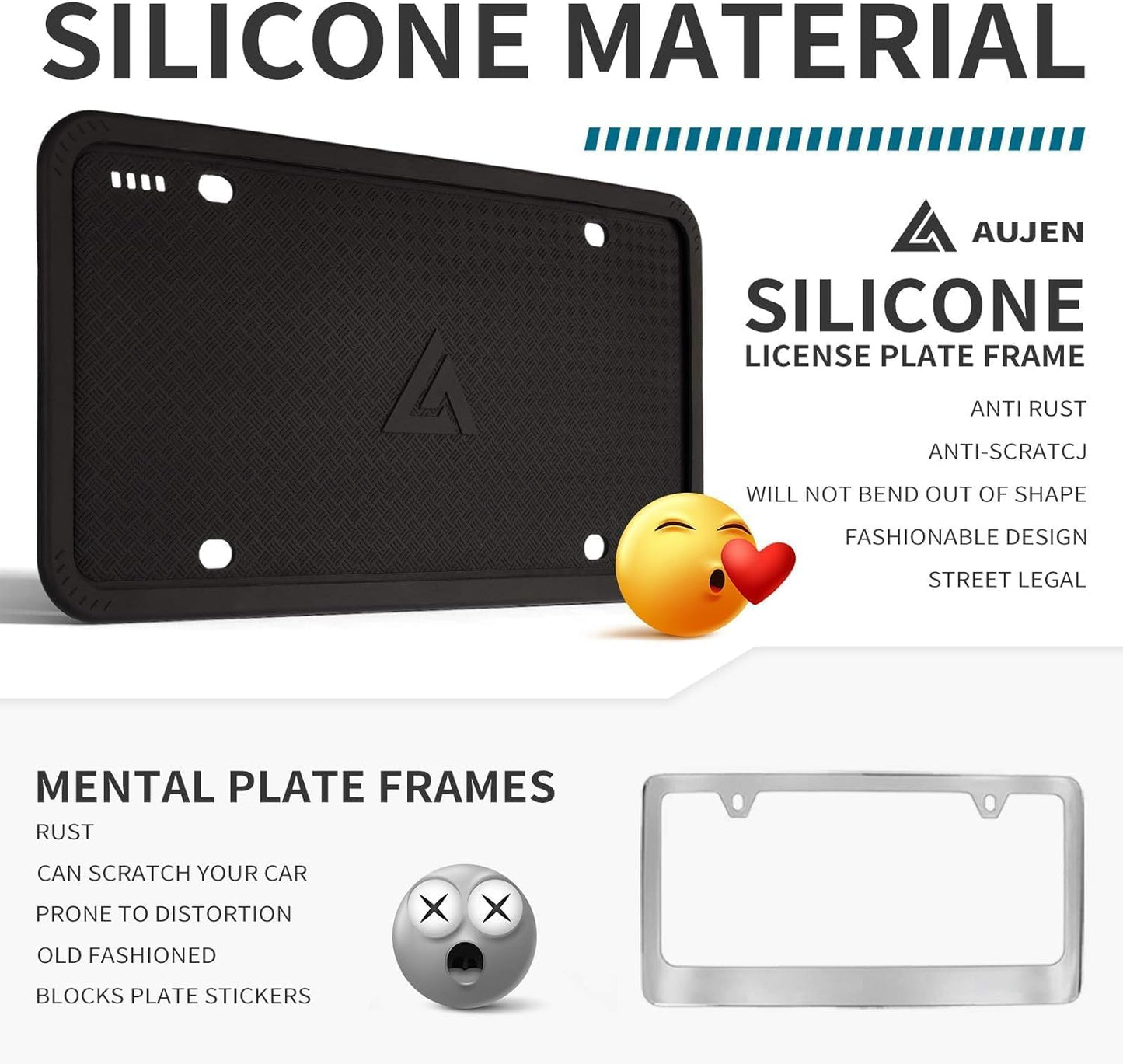 Aujen Silicone License Plate Frames Black, 2 Pack Car License Plate Frame, Universal US Black License Plate Holders Brackets Rust-Proof, Weather & Rattle-Proof, Car Accessories