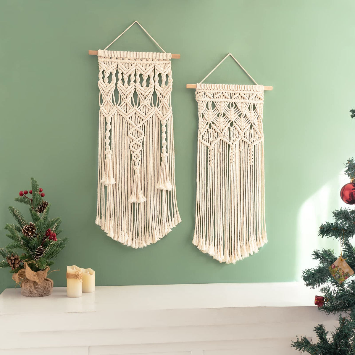 Mkono 2 Pcs Macrame Woven Wall Hanging Boho Chic Geometric Art Decor - Beautiful Bedroom Nursery Apartment Home Decoration, Gift for Girls Adults Birthday Christmas, 28" L x 13" W