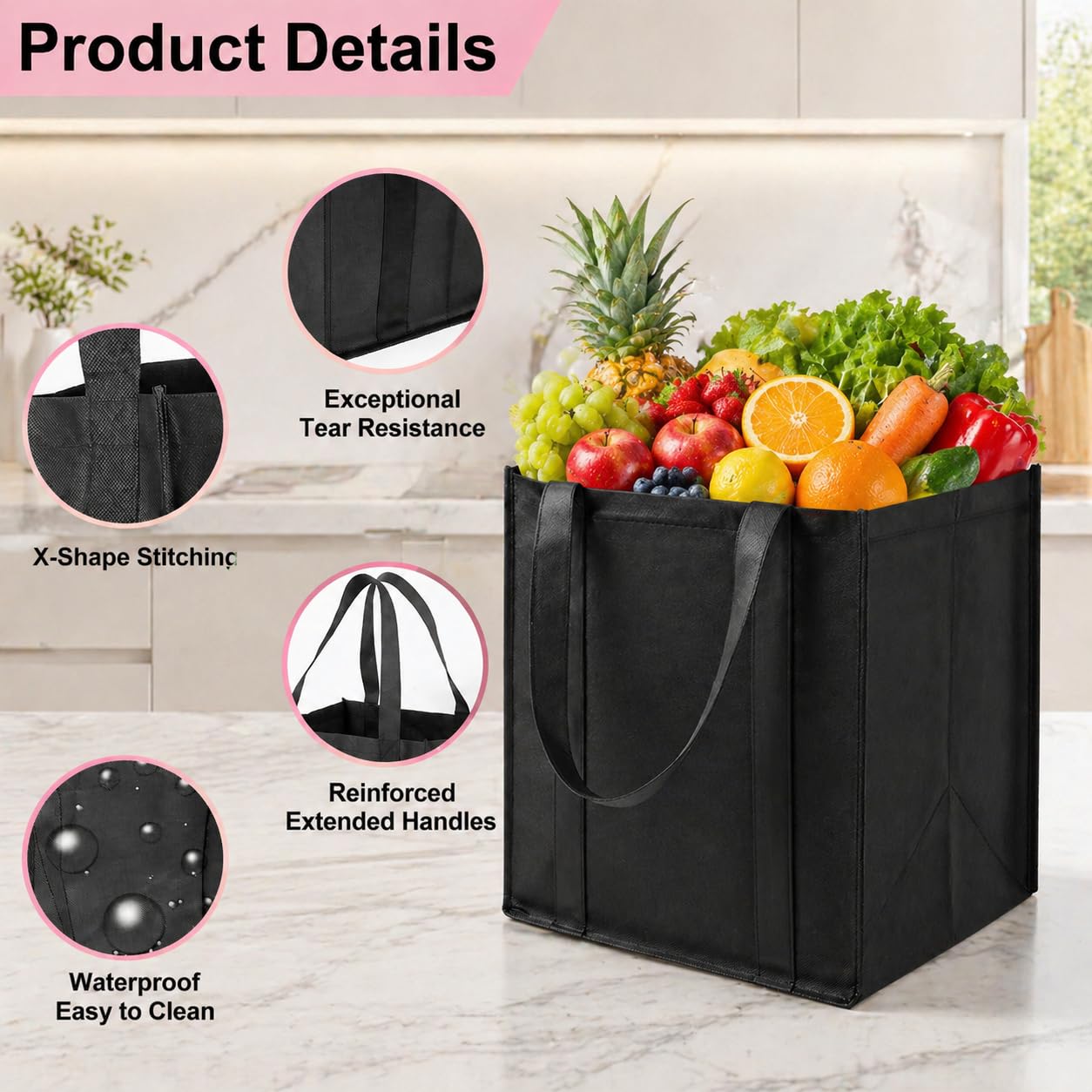 Enjamyo 10 Pcs Reusable Grocery Bags, Large Shopping Bag with Reinforced Handles, Heavy Duty Washable Foldable Bag, Grocery Bags(Black)
