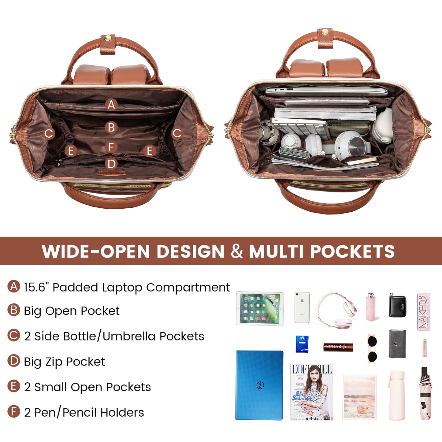 LOVEVOOK Leather Backpack for Women, 15.6 inch Laptop Backpack, Professional Work & Travel Bag, Women's Laptop Tote, Beige White-Brown