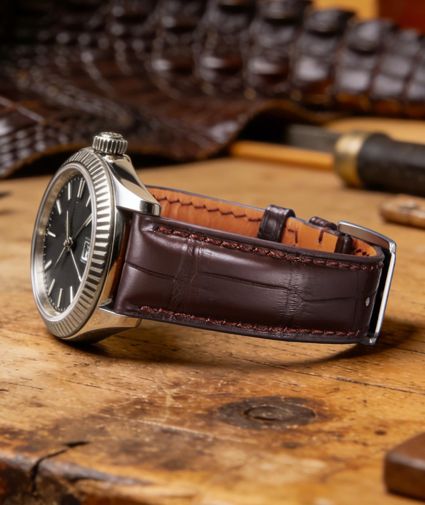 BINLUN Alligator Leather Watch Band Crocodile Grain Leather Watch Straps Quick Release Replacment Classic Vintage Genuine Leather Watch bands for Men Women 21mm Brown with Silver Buckle