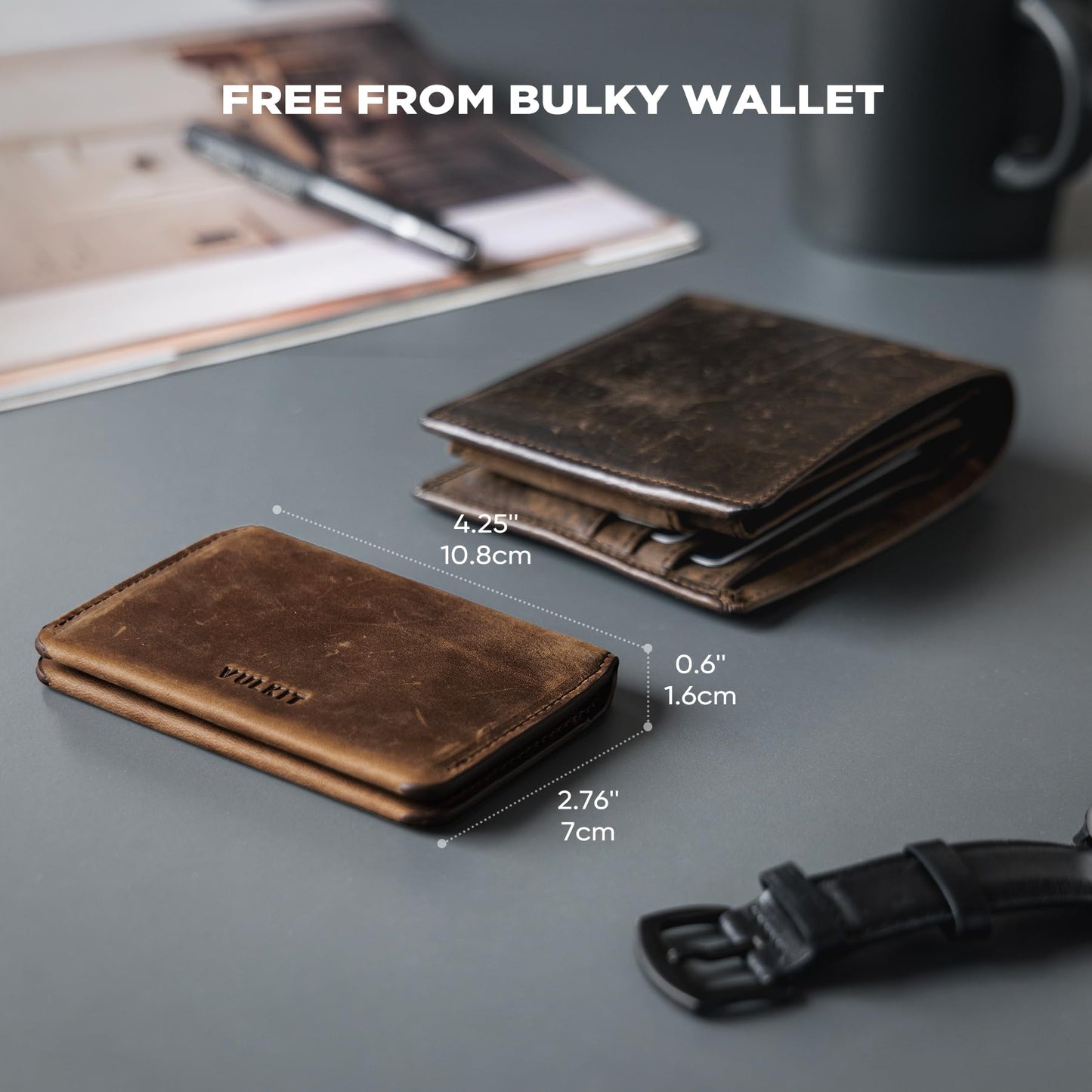 VULKIT Slim Minimalist Card Holder RFID Blocking Leather Credit Card Holder Front Pocket Wallet Magnetic Closure, Handcrafted Cowhide Version