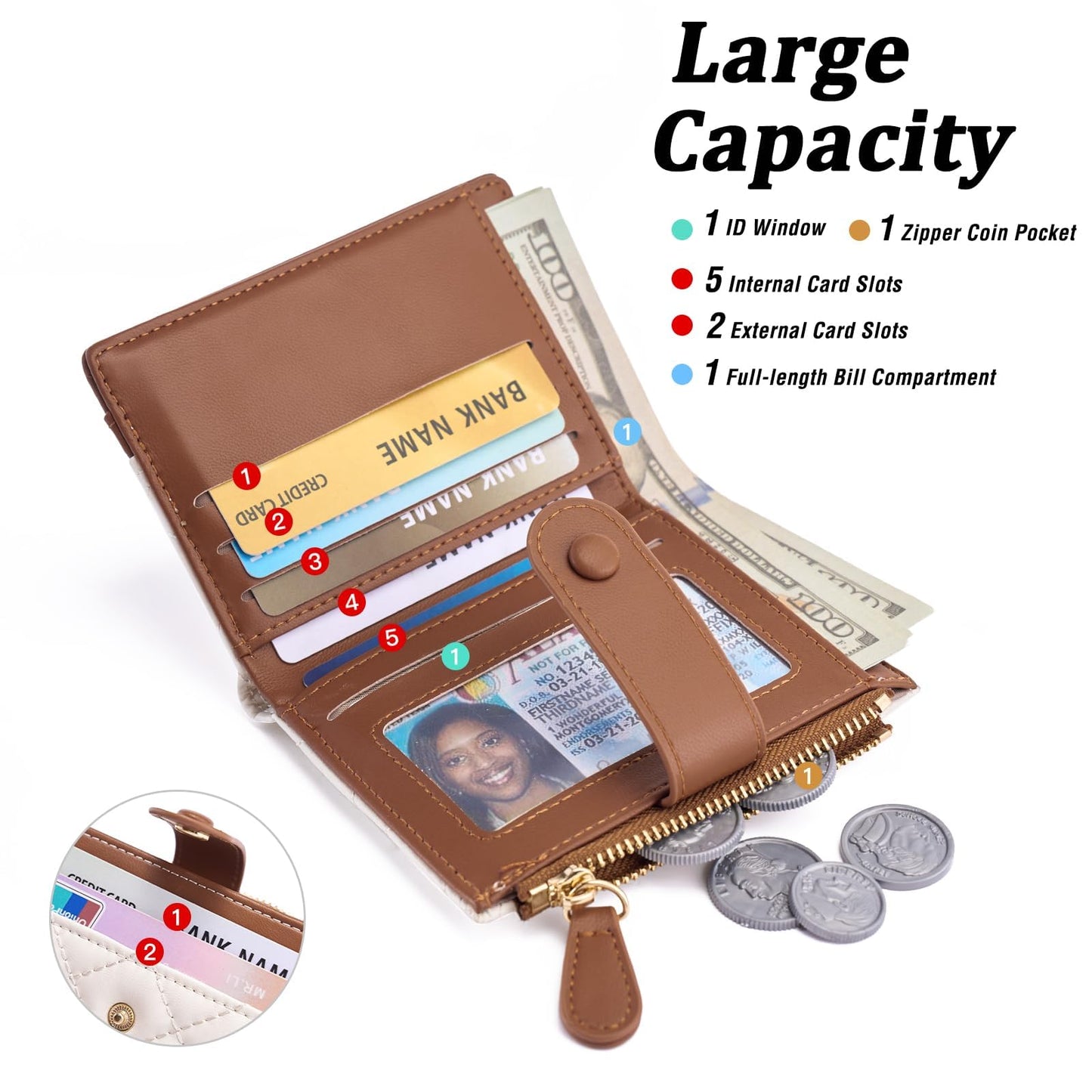 GAEKEAO Small Wallet for Women Bifold Leather RFID Blocking Credit Card Holder Wallets Zipper Pocket Coin Purse with ID Window