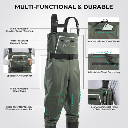Calamus WaveWalker Fishing Waders for Men & Women, 100% Waterproof PVC Chest Waders with Slip-Resistant Boots, Tear-Resistant Nylon, Ample Storage, Wader Hanger, Military Green, M5/W7