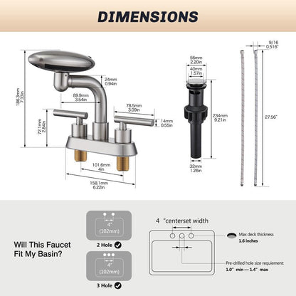 Bathroom Sink Faucet 3 Hole Brushed Nickel 4 Inch Centerset，4 Modes Waterfall Bathroom Faucet 2 Handle with 360° Swivel Spout & Pop Up Drain