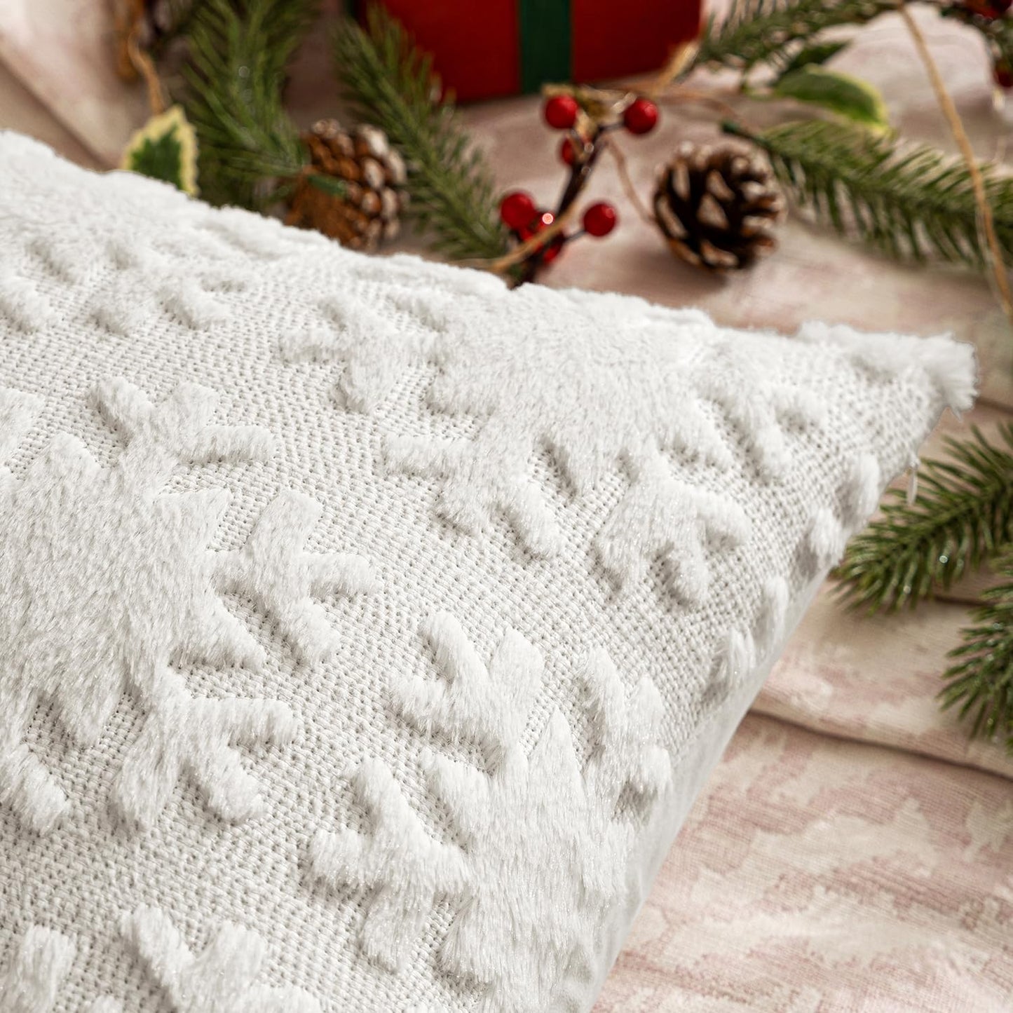 MIULEE Christmas Snowflake Decorative Throw Pillow Covers Set of 2,Soft Fluffy Faux Wool Winter Holiday Couch Pillows for Farmhouse Boho Home Decor Sofa Bed Porch Living Room 16x16 Inch Pure White