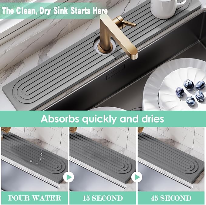 Stone Faucet Mat for Kitchen Sink, Diatomite Drying Stone Tray & Sink Protector