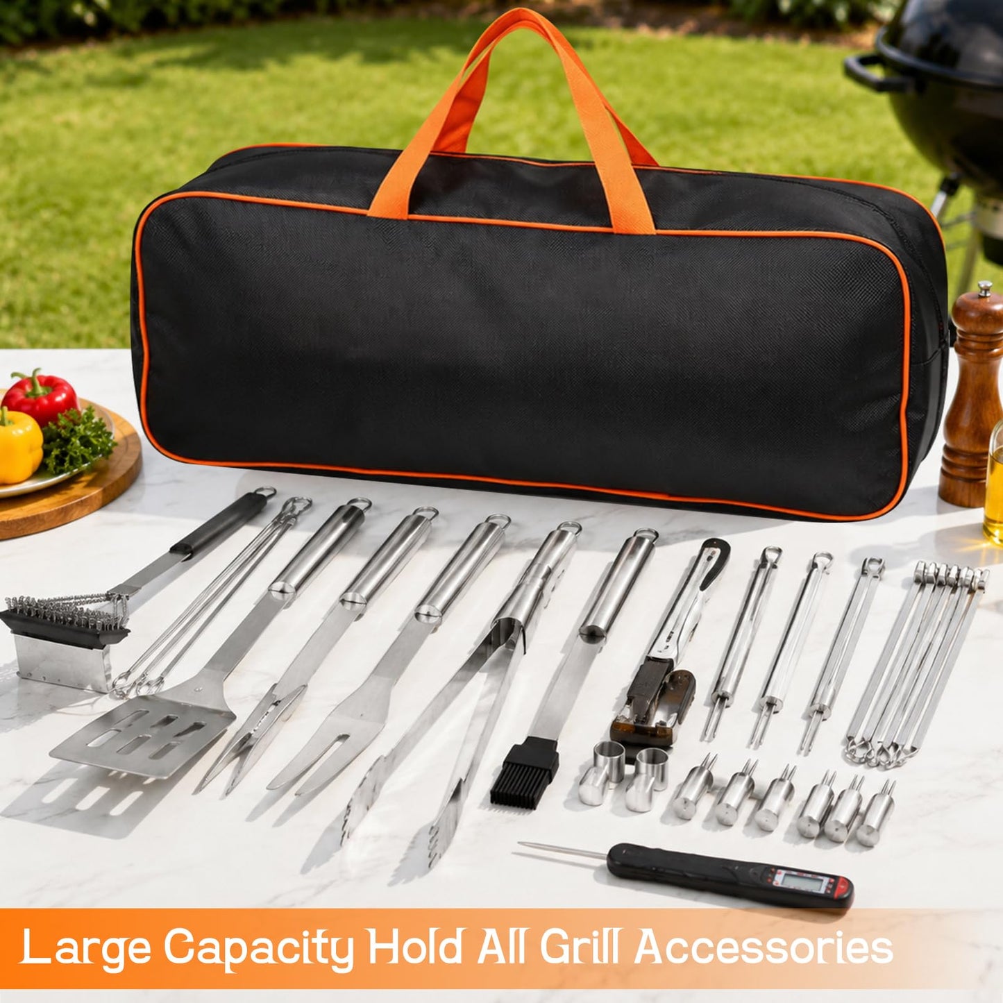 Large Grill Tool Storage Bag 24"x8"x8" 1680D Oxford Heavy Duty BBQ Utensil Storage Bag Portable Outdoor Grill Accessories Organizer for Camping Backyard Barbecue