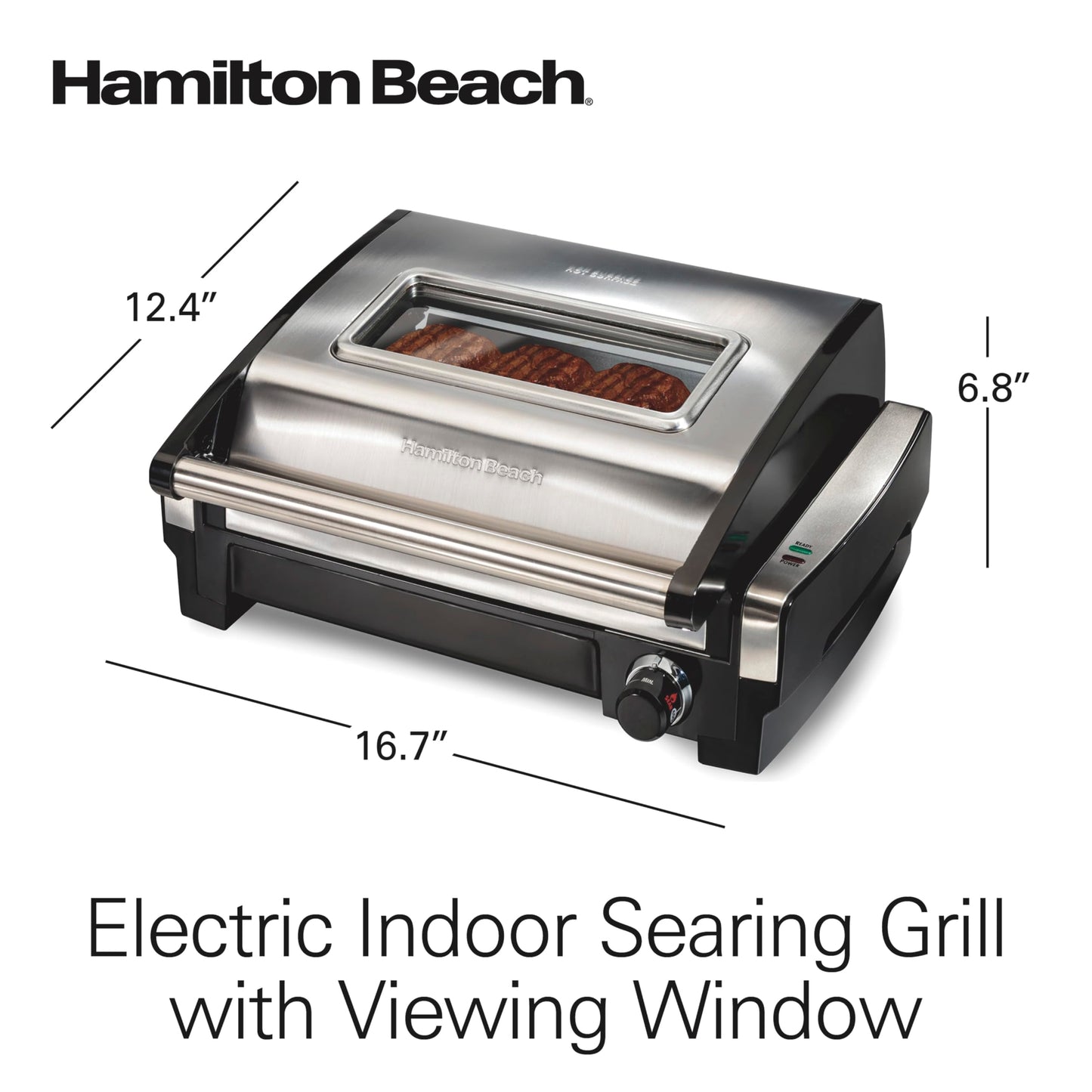 Hamilton Beach Electric Indoor Searing Grill with Viewing Window & Adjustable Temperature Control to 450F, 118 sq. in. Surface Serves 6, PFAS-Free Removable Nonstick Grate, Stainless Steel