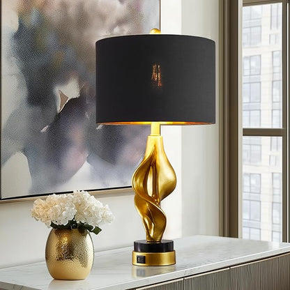25.5'' Set of 2 Modern Table Lamps for Living Room Bedroom, Gold Leaf Sculptural Bedside Lamps with Marble Base and USB C+A Ports for Office End Tables Nightstand, 2 Bulbs Included