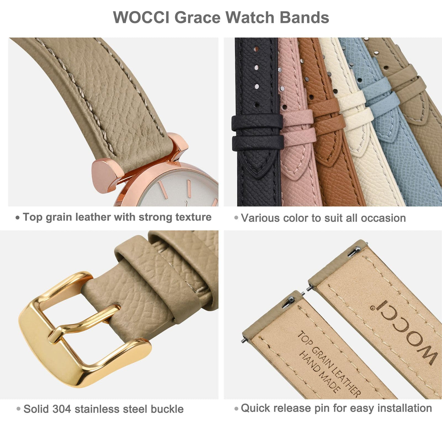 WOCCI 14mm Grace Watch Band for Ladies, Top Grain Leather, Quick Release Replacement Strap with Gold Buckle (Tea)
