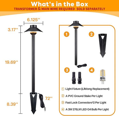 Gardenreet Outdoor Brass Pathway Lights - 12v Low Voltage Landscape Path Lighting Wired, LED Pathlight IP65 Waterproof, Hat-top Black for Outside Walkway Yard with 3W 270LM 2700K Warm White G4 Bulb