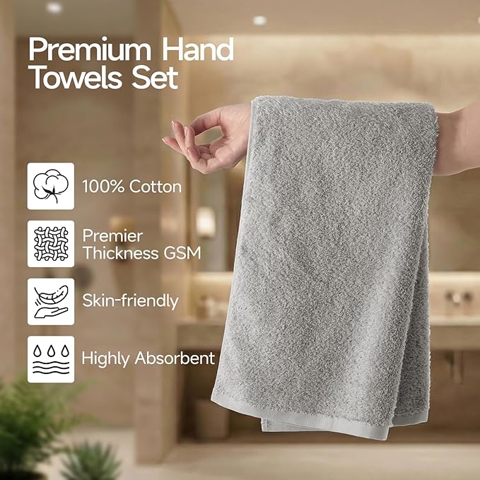 REDKISS 4-Pack Luxury Hand Towels, 16x32 Inch 450 GSM 100% Cotton, Super Soft