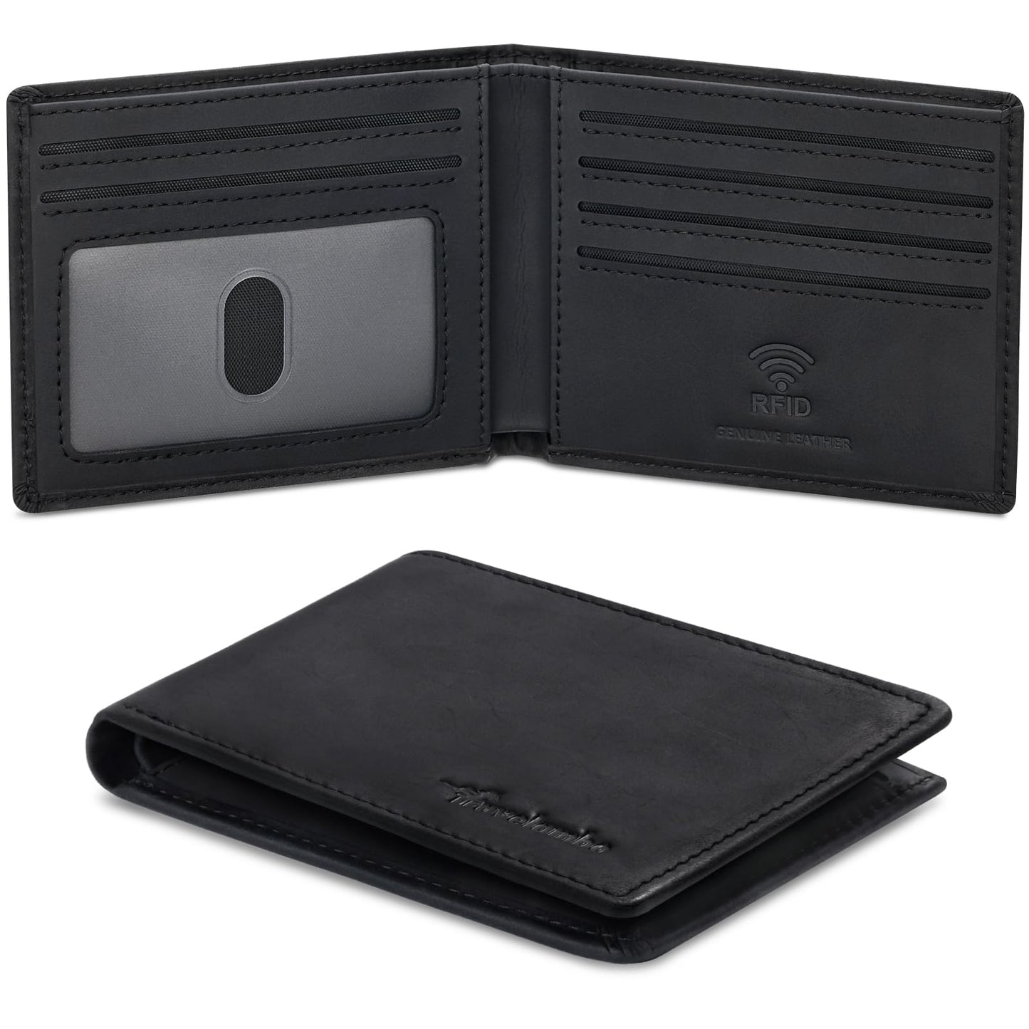 Travelambo Wallet for Men Real Leather Mens Bifold Wallet RFID Blocking - Thin & Stylish with ID Window in Gift Box (Crazy Horse, Black)