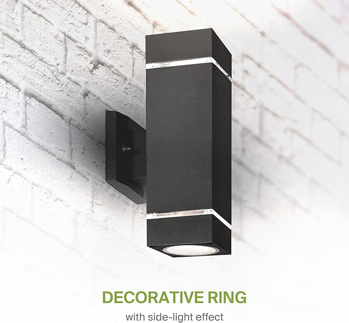 ASD 2 Light Square Outdoor Wall Light Fixture | 120W E26 Bulb Socket 120V ETL Cylinder Up Down Lights | LED/CFL/Incandescent Bulb Exterior Wall Sconce | Front Door, Porch Patio | Ringed Black, 2 Pack