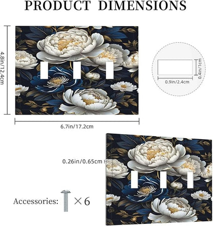 White Gold Blue Flower Light Switch Covers 3 Gang Triple Toggle Wall Plate Decorative Switchplate Electrical Faceplate for Farmhouse Living Decor