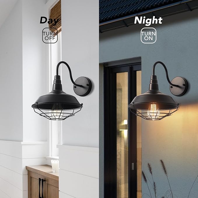 Outdoor Gooseneck Barn Light Fixture, Farmhouse Exterior Wall Sconce, Vintage Rustic Wall Mount Lamp with Metal Cage, Industrial Black Waterproof Lantern for Proch, Patio, Garage, Backyard, Warehouse