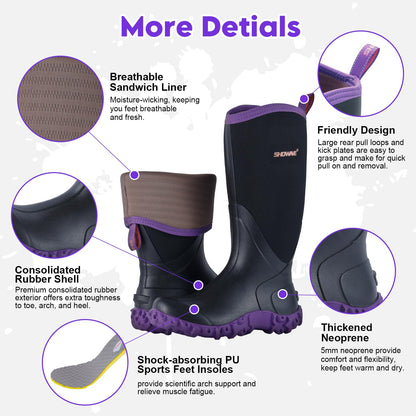 Showave Women's Rain Boots Tall Insulated Rubber Boots for Women Neoprene Waterproof Boot Durable Mud Boot for Gardening Farming Fishing(Purple,Size 7)