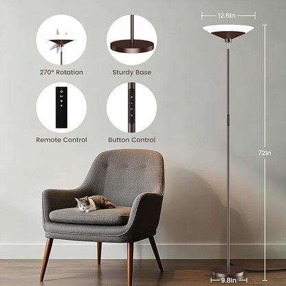 Brown Torchiere Floor Lamp - 30W Dimmable LED Standing Lamp with Remote, 4 Color Temps, Stepless Dimming, 3000-6500K, 1800LM, 72in Tall Floor Light for Office Bedroom Living Room Corner