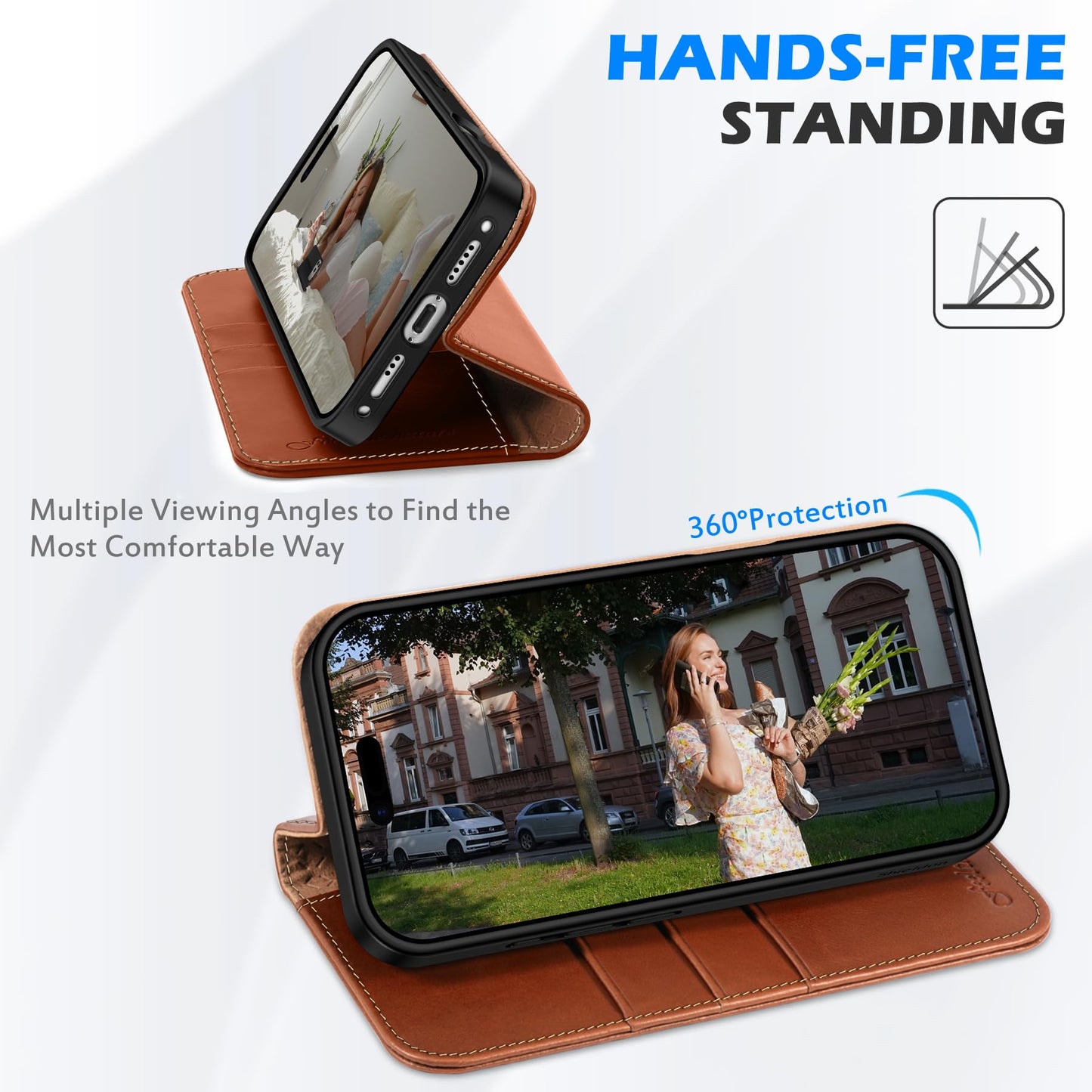 SHIELDON Genuine Leather Case Wallet for iPhone 17 6.3-inch 5G 2025 | Foldable, Magnetic Closure, Kickstand, RFID Blocking Credit Card Holder, Shock-Absorbent Phone Cover - Retro Brown