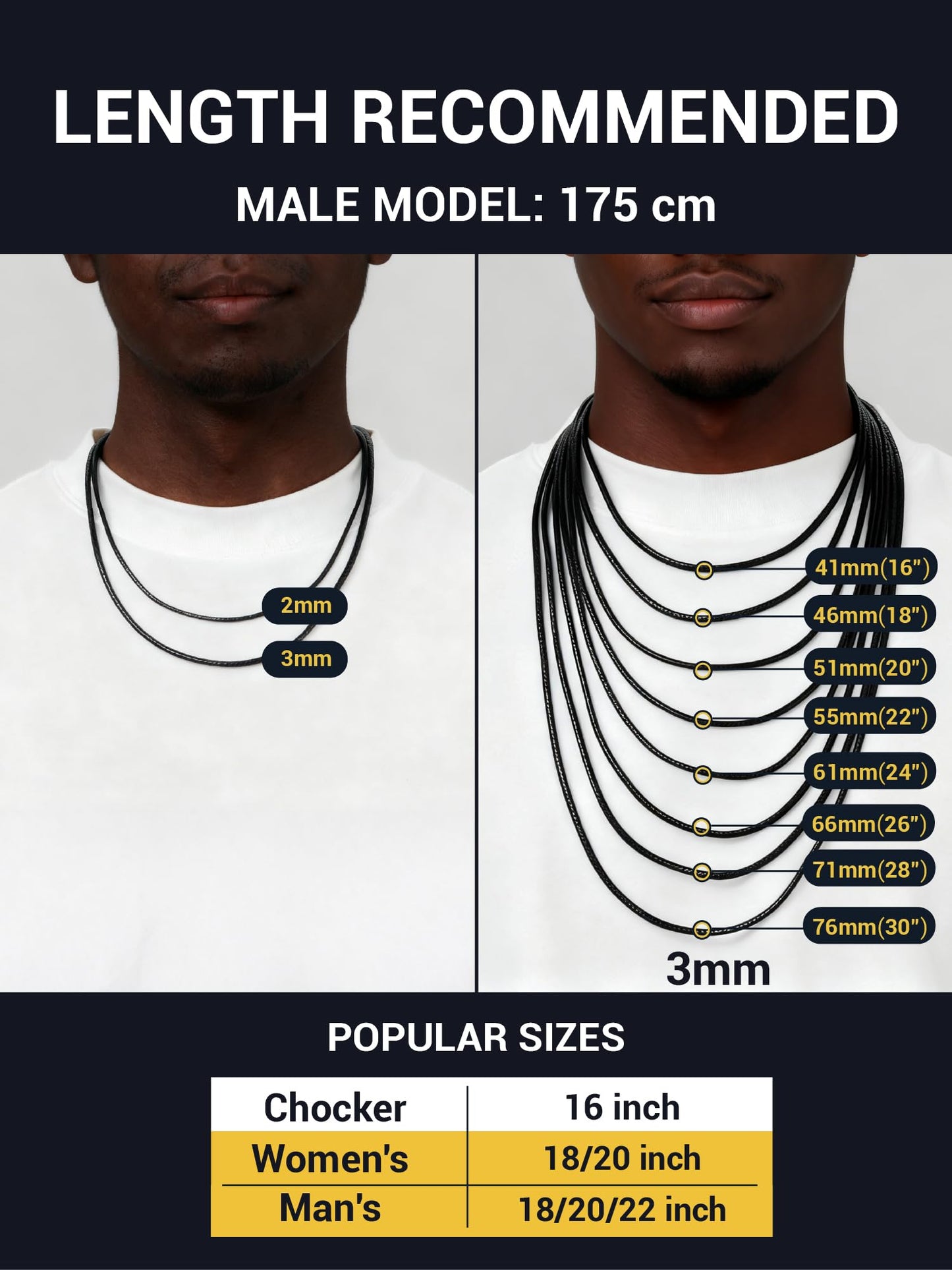 PROSTEEL Black Leather Necklace for Men 3mm Cord 20inch Leather String Necklace Chains Jewelry