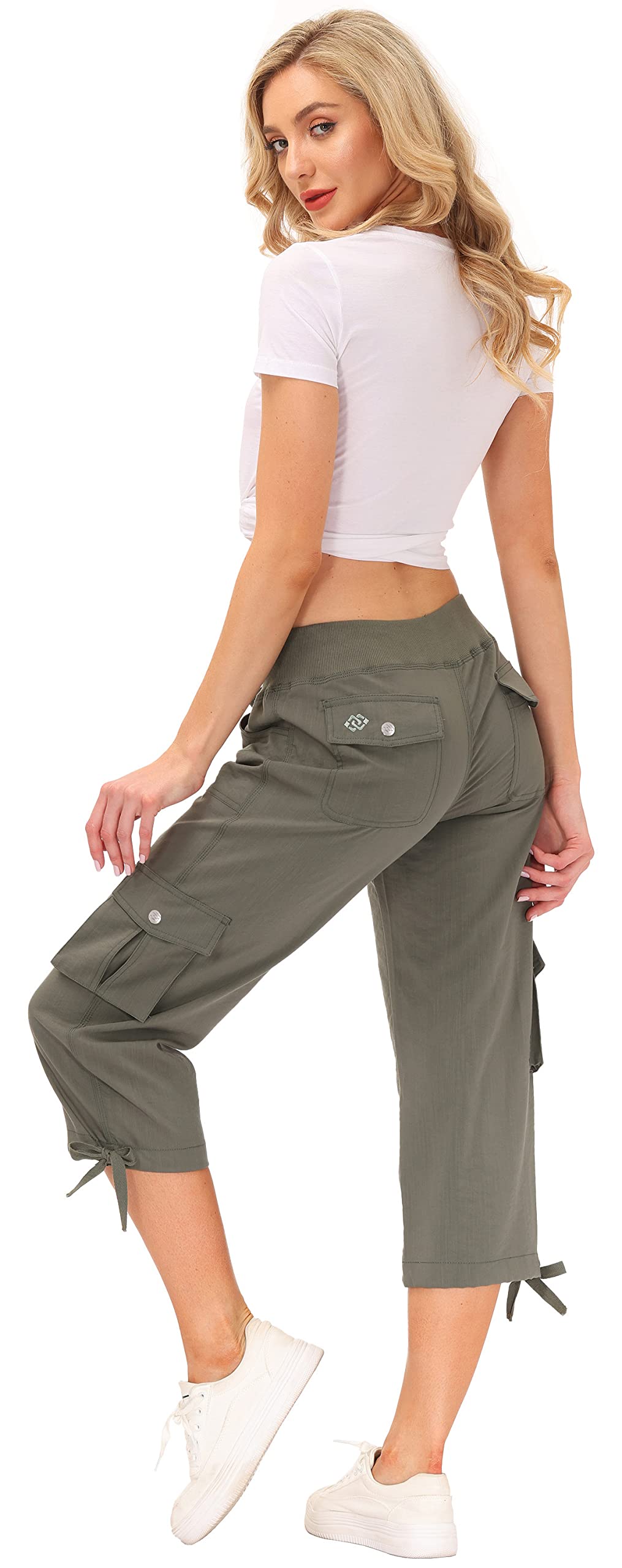 MoFiz Women's Cargo Capris Hiking Pants Lightweight Quick Dry Running Outdoor Casual Shorts Button Pockets UPF 50+ Army Green M