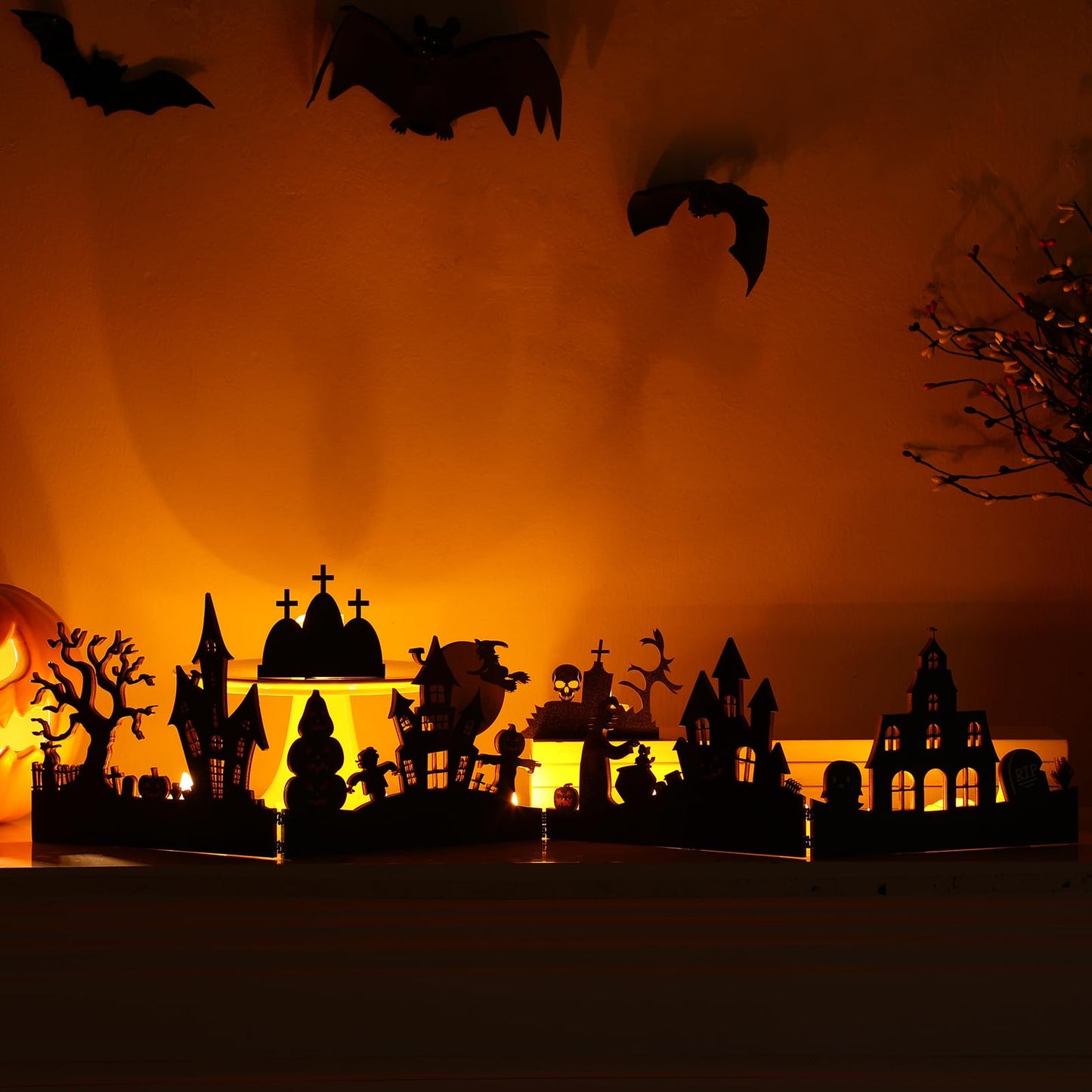 Colingmill 32 Inch Halloween Tabletop Decoration Wooden Halloween Themed Black Cemetery and Haunted House Signs Farmhouse Centerpiece Decor for Home Kitchen Table Shelf Decor